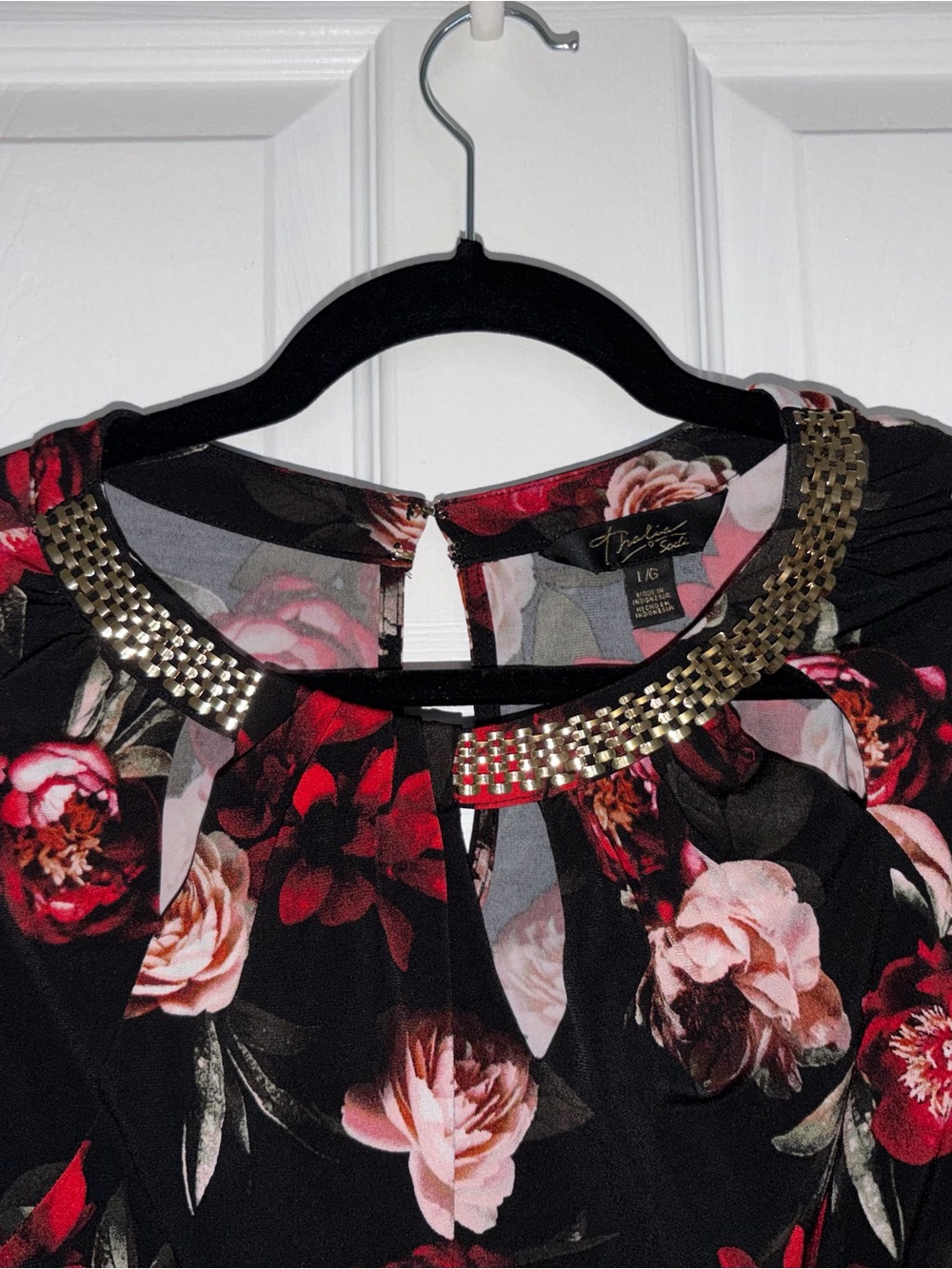 Black Floral Top with Gold Embellished Neckline